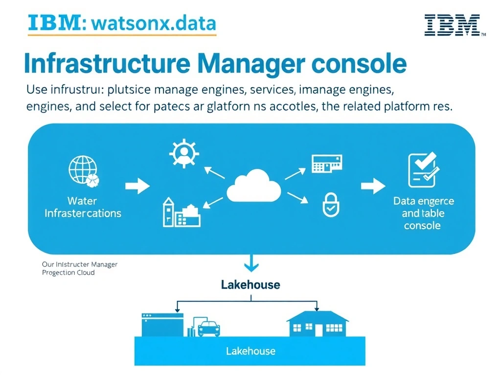 Clean technical infographic for IBM C9007300 certification illustrating: Use Infrastructure Manager to manage engines, services, and related platform res. Show a labeled diagram with IBM watsonx.data branding on a dark navy background, with clear component boxes, directional arrows showing data or control flow, and a color-coded legend distinguishing correct vs. incorrect architectural patterns. Style: professional, IBM design language, suitable for exam study material.