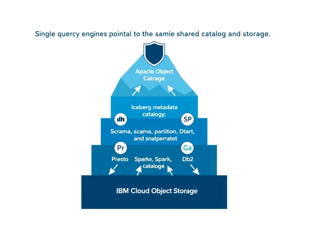 An architecture diagram with three layers stacked vertically. Bottom layer: IBM Cloud Object Storage holding Iceberg-formatted data files. Middle layer: Apache Iceberg metadata catalog with schema, partition, and snapshot information. Top layer: multiple query engines (Presto, Spark, Db2) all pointing down to the same catalog and storage. Arrows from each engine connect to the single shared data layer, with a governance shield icon overlaid on the catalog.