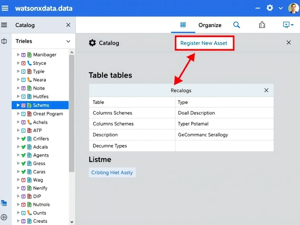 A screenshot-style mockup of the IBM watsonx.data Data Manager UI showing a left-panel catalog tree with schemas and tables listed, a center panel with table metadata (columns, types, descriptions), and a top toolbar with Register, Browse, and Organize buttons. Callout boxes highlight the Register New Asset button and the catalog hierarchy view.