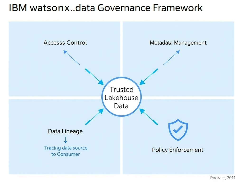 A four-quadrant diagram labeled 'IBM watsonx.data Governance Framework.' Top-left: Access Control (lock icon, RBAC rules). Top-right: Metadata Management (tag icon, catalog entries). Bottom-left: Data Lineage (arrows tracing data from source to consumer). Bottom-right: Policy Enforcement (shield icon, automatic rule application). A central hub labeled 'Trusted Lakehouse Data' connects all four quadrants with bidirectional arrows.