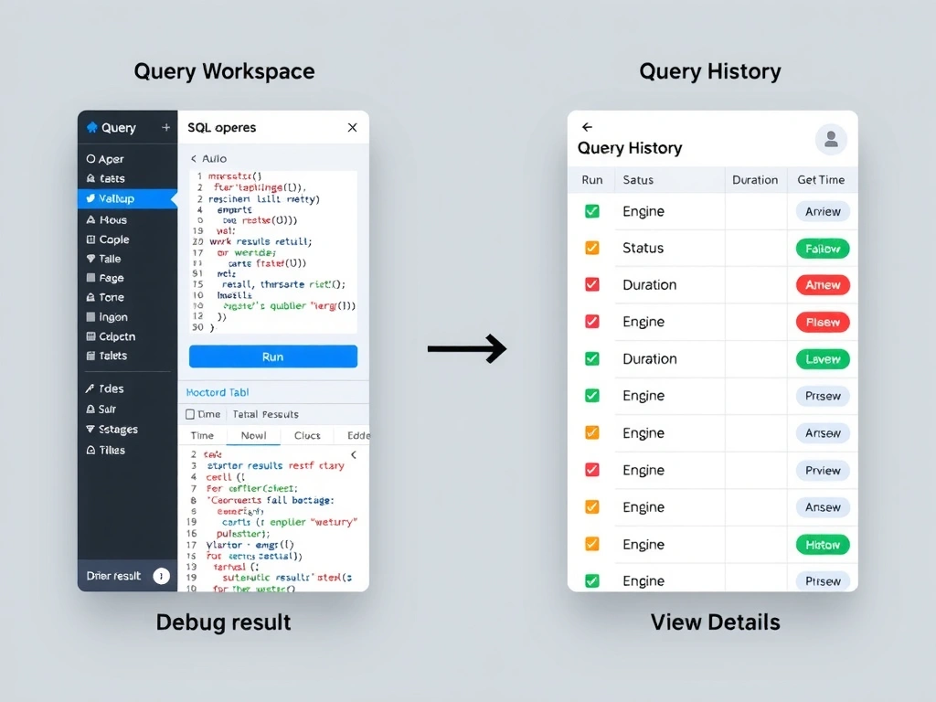 A two-panel UI mockup. Left panel shows the Query Workspace: a SQL editor with syntax highlighting, a Run button, and a results table below. Right panel shows Query History: a time-sorted list of past queries with columns for Status (green/red icons), Duration, Engine, and a View Details link. An arrow between panels labeled 'Debug Flow' shows the workflow from failed result to history review.
