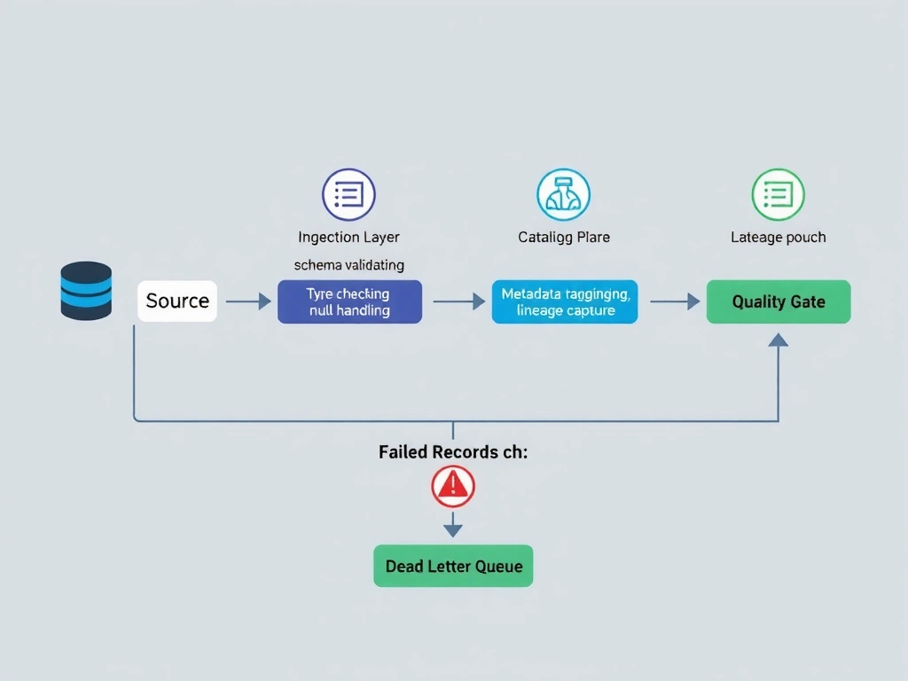 A pipeline diagram showing data flowing left to right through four stages: Source (database icon), Ingestion Layer (with sub-steps: schema validation, type checking, null handling), Catalog Registration (metadata tagging, lineage capture), and Lakehouse Storage (Iceberg table on object storage). Each stage has a quality gate icon. Failed records branch downward to a Dead Letter Queue with an alert icon.