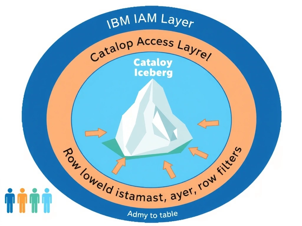 A layered access control diagram for IBM watsonx.data. Three concentric rings labeled from outside to inside: IBM IAM Layer (authentication, user identity), Catalog Policy Layer (table-level and column-level grants), and Row-Level Security Layer (dynamic data masking, row filters). At the center: a protected Iceberg table. Small user icons at the outer ring show different roles (Admin, Analyst, Data Engineer) with arrows pointing only to the layers they are permitted to access.