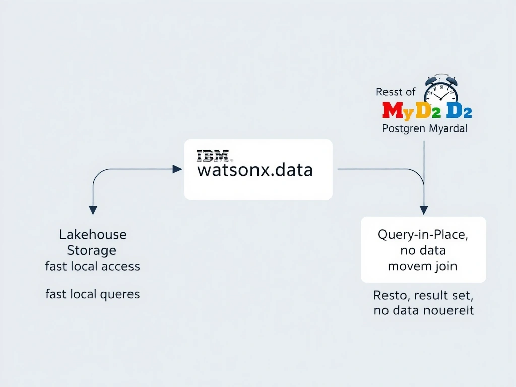 A federation query flow diagram. Center: IBM watsonx.data Presto Engine receiving a federated SQL query. Left branch: arrow to Lakehouse Storage (Iceberg tables, fast local access). Right branch: arrow to Remote Sources (PostgreSQL, Db2, MySQL icons) labeled 'Query-in-Place, no data movement.' Both branches return result sets to Presto which performs the final join. A clock icon on the remote branch indicates network latency awareness.