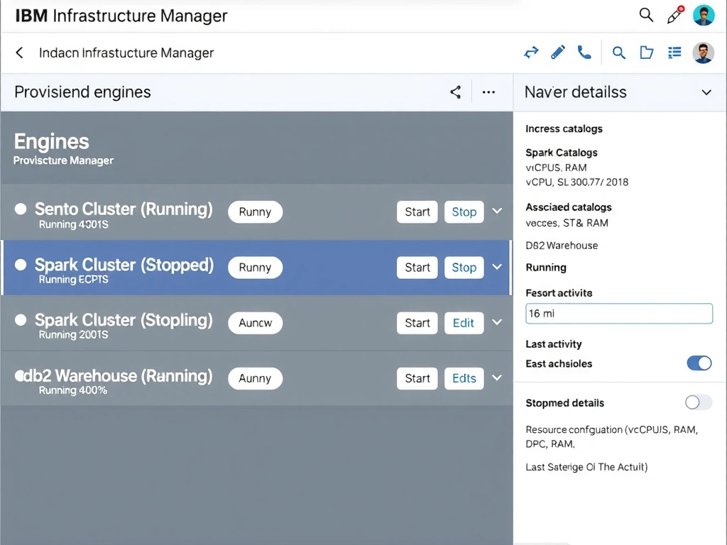 A UI mockup of the IBM watsonx.data Infrastructure Manager showing a main panel with a list of provisioned engines: Presto Cluster (Running, 4 nodes), Spark Cluster (Stopped), Db2 Warehouse (Running). Each row has Start/Stop/Edit buttons and status indicators. A side panel shows engine details: associated catalogs, resource configuration (vCPUs, RAM), and last activity timestamp. A header toolbar shows the Infrastructure Manager navigation label.