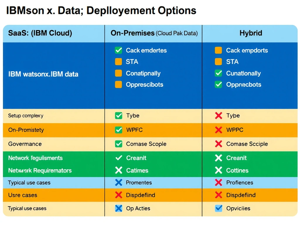 A clean three-column comparison table showing IBM watsonx.data deployment options: SaaS (IBM Cloud), On-Premises (Cloud Pak for Data), and Hybrid. Each column lists key attributes: setup complexity, governance features, network requirements, and typical use cases. The layout uses color-coded rows with checkmarks and X marks to indicate capability availability per deployment type.