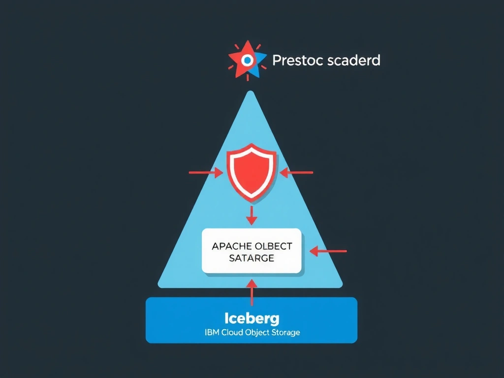 An architecture diagram with three layers stacked vertically. Bottom layer: IBM Cloud Object Storage holding Iceberg-formatted data files. Middle layer: Apache Iceberg metadata catalog with schema, partition, and snapshot information. Top layer: multiple query engines (Presto, Spark, Db2) all pointing down to the same catalog and storage. Arrows from each engine connect to the single shared data layer, with a governance shield icon overlaid on the catalog.