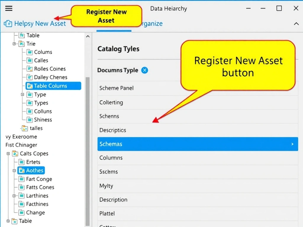 A screenshot-style mockup of the IBM watsonx.data Data Manager UI showing a left-panel catalog tree with schemas and tables listed, a center panel with table metadata (columns, types, descriptions), and a top toolbar with Register, Browse, and Organize buttons. Callout boxes highlight the Register New Asset button and the catalog hierarchy view.