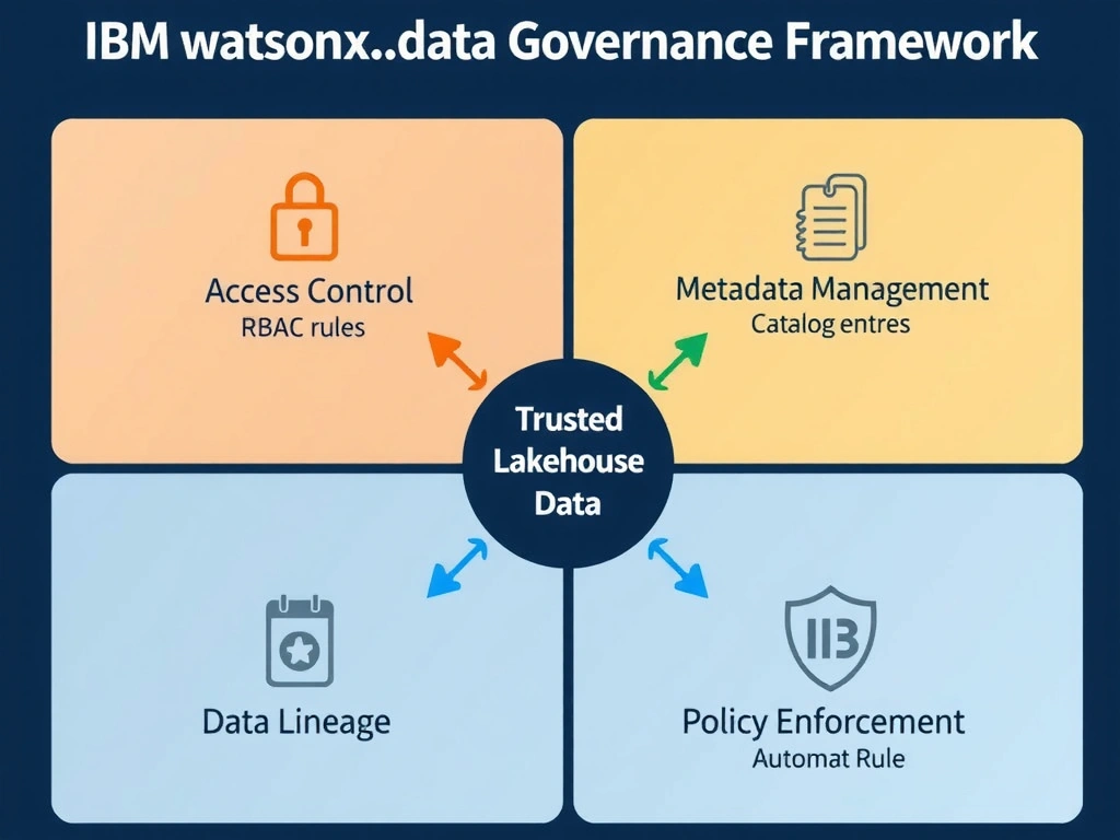 A four-quadrant diagram labeled 'IBM watsonx.data Governance Framework.' Top-left: Access Control (lock icon, RBAC rules). Top-right: Metadata Management (tag icon, catalog entries). Bottom-left: Data Lineage (arrows tracing data from source to consumer). Bottom-right: Policy Enforcement (shield icon, automatic rule application). A central hub labeled 'Trusted Lakehouse Data' connects all four quadrants with bidirectional arrows.