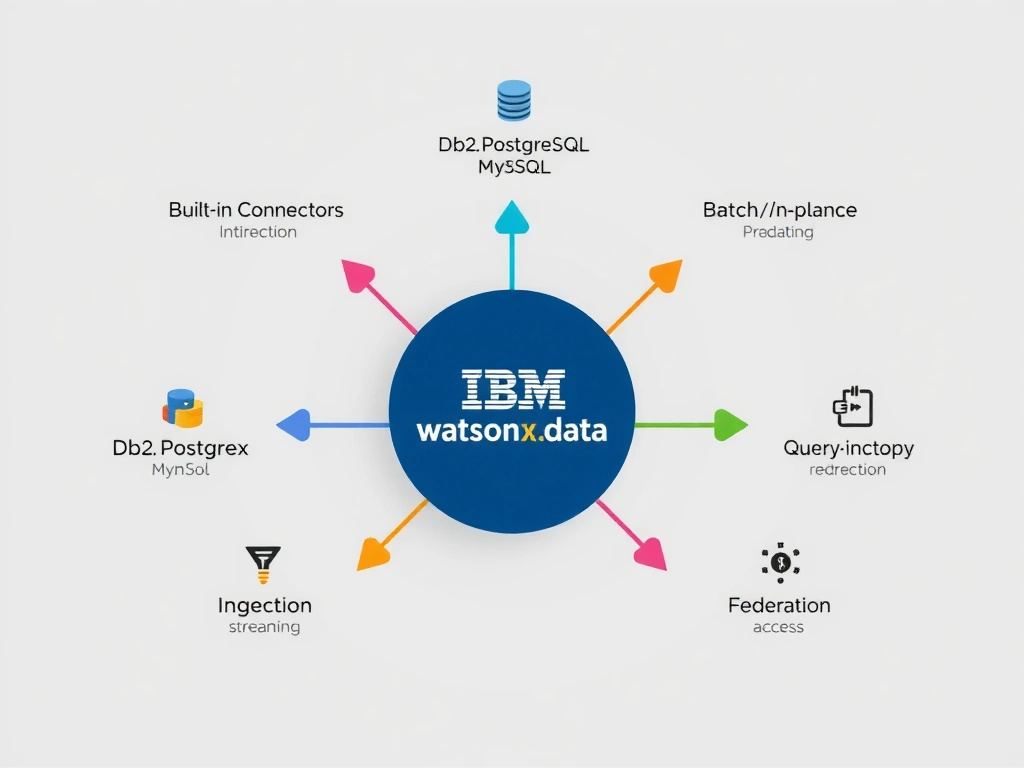 A hub-and-spoke diagram with IBM watsonx.data in the center. Three connector categories radiate outward: Built-in Connectors (database icons for Db2, PostgreSQL, MySQL), Ingestion Pipelines (a funnel icon labeled batch/streaming), and Federation (a network icon labeled query-in-place). Each spoke is color-coded and labeled with typical latency: connectors for medium latency, ingestion for high throughput, federation for low-copy real-time access.