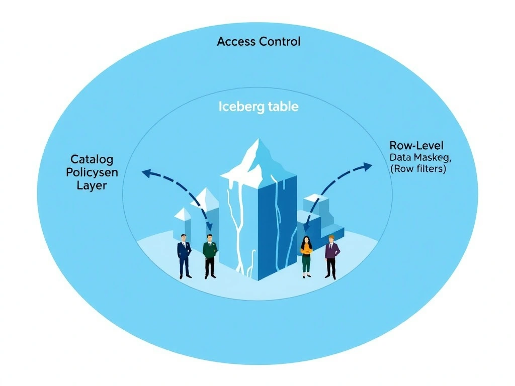 A layered access control diagram for IBM watsonx.data. Three concentric rings labeled from outside to inside: IBM IAM Layer (authentication, user identity), Catalog Policy Layer (table-level and column-level grants), and Row-Level Security Layer (dynamic data masking, row filters). At the center: a protected Iceberg table. Small user icons at the outer ring show different roles (Admin, Analyst, Data Engineer) with arrows pointing only to the layers they are permitted to access.