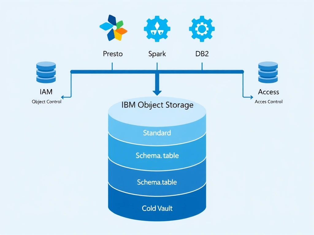 A diagram showing IBM Cloud Object Storage as a large cylinder at the bottom with three labeled sections representing storage tiers (Standard, Vault, Cold Vault). Above it, the Apache Iceberg metadata layer sits as a bridge, translating table references (schema.table) to object paths (bucket/prefix/data.parquet). Above that, three query engines (Presto, Spark, Db2) each send queries through the catalog bridge to the storage layer. IAM and access control icons frame the diagram on both sides.