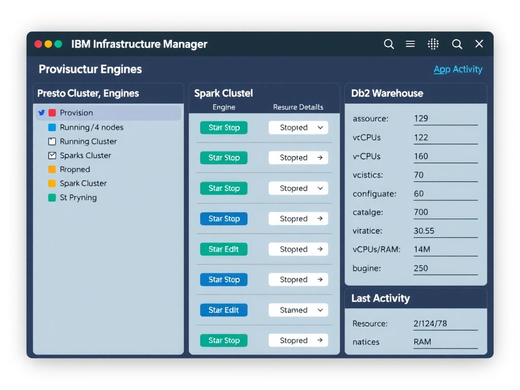 A UI mockup of the IBM watsonx.data Infrastructure Manager showing a main panel with a list of provisioned engines: Presto Cluster (Running, 4 nodes), Spark Cluster (Stopped), Db2 Warehouse (Running). Each row has Start/Stop/Edit buttons and status indicators. A side panel shows engine details: associated catalogs, resource configuration (vCPUs, RAM), and last activity timestamp. A header toolbar shows the Infrastructure Manager navigation label.