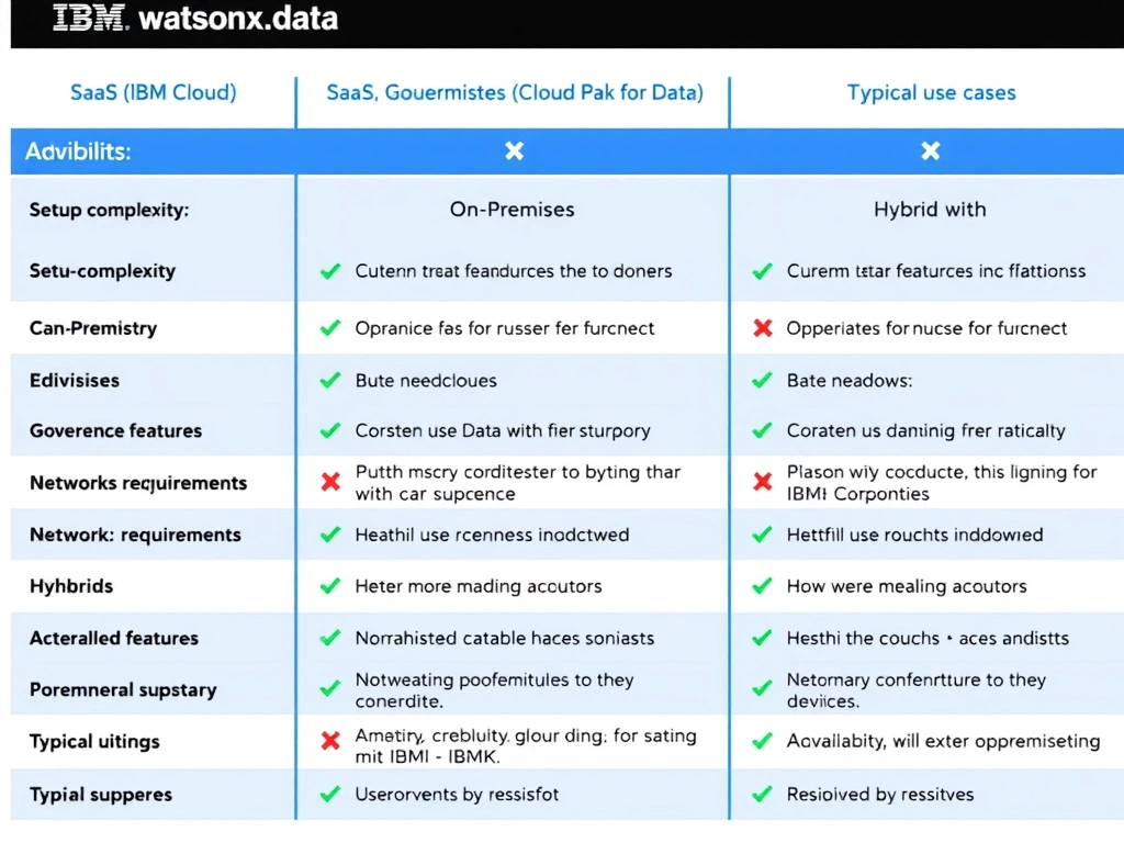 A clean three-column comparison table showing IBM watsonx.data deployment options: SaaS (IBM Cloud), On-Premises (Cloud Pak for Data), and Hybrid. Each column lists key attributes: setup complexity, governance features, network requirements, and typical use cases. The layout uses color-coded rows with checkmarks and X marks to indicate capability availability per deployment type.