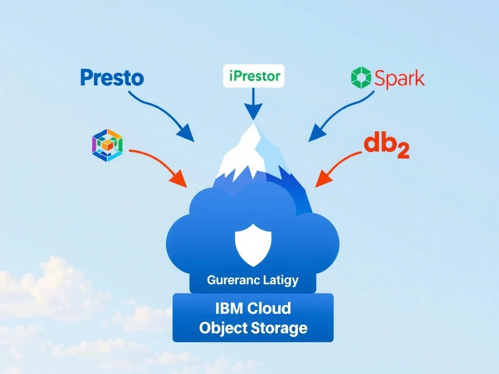 An architecture diagram with three layers stacked vertically. Bottom layer: IBM Cloud Object Storage holding Iceberg-formatted data files. Middle layer: Apache Iceberg metadata catalog with schema, partition, and snapshot information. Top layer: multiple query engines (Presto, Spark, Db2) all pointing down to the same catalog and storage. Arrows from each engine connect to the single shared data layer, with a governance shield icon overlaid on the catalog.