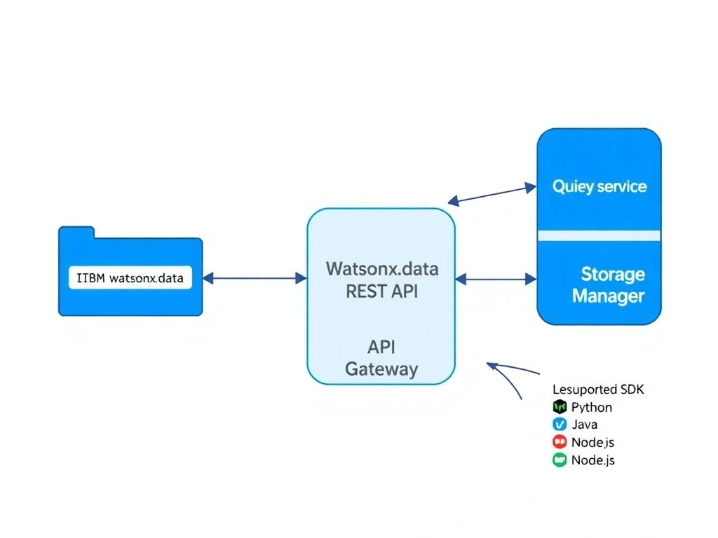 A technical integration diagram showing an application server on the left sending HTTP requests (with a Bearer token header) to the IBM watsonx.data REST API gateway in the center. From the API gateway, arrows fan out to three service boxes: Catalog Service, Query Engine, and Storage Manager. A legend in the corner shows the supported SDK languages: Python, Java, Node.js.
