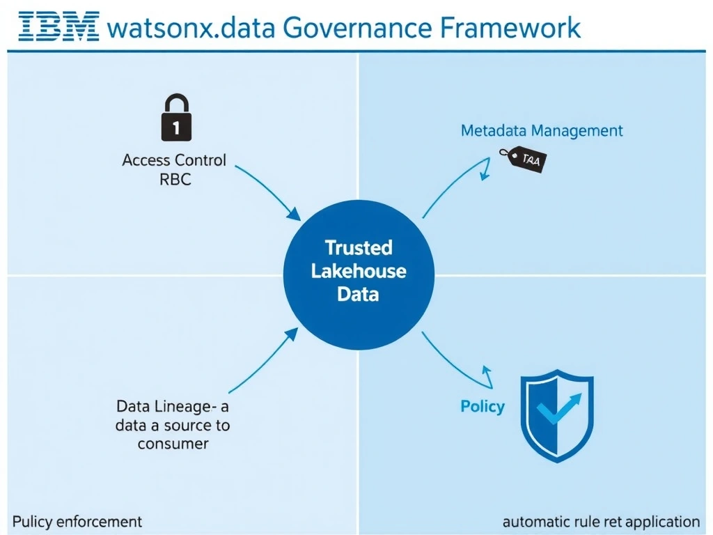 A four-quadrant diagram labeled 'IBM watsonx.data Governance Framework.' Top-left: Access Control (lock icon, RBAC rules). Top-right: Metadata Management (tag icon, catalog entries). Bottom-left: Data Lineage (arrows tracing data from source to consumer). Bottom-right: Policy Enforcement (shield icon, automatic rule application). A central hub labeled 'Trusted Lakehouse Data' connects all four quadrants with bidirectional arrows.