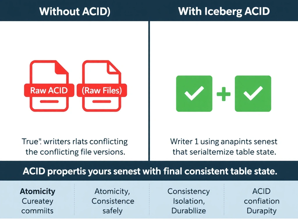 A side-by-side comparison diagram. Left side labeled 'Without ACID (Raw Files)' shows two writers creating conflicting file versions with a red collision icon. Right side labeled 'With Iceberg ACID' shows Writer 1 and Writer 2 using snapshot commits that serialize safely, with a green checkmark showing the final consistent table state. A bottom row lists the four ACID properties: Atomicity, Consistency, Isolation, Durability with brief definitions.