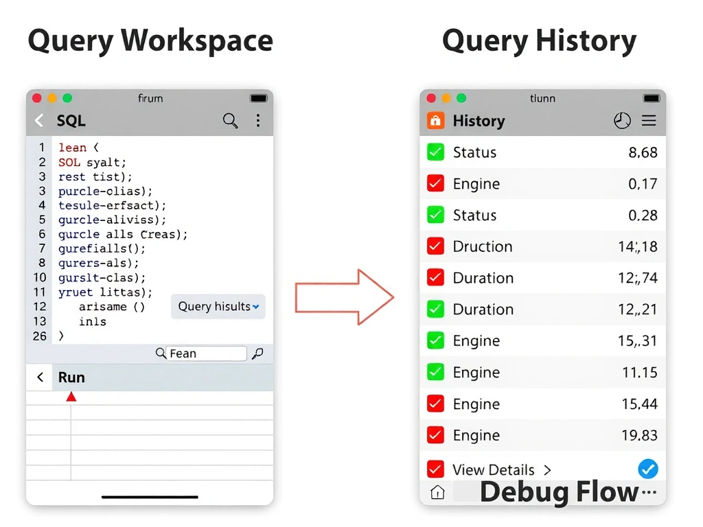 A two-panel UI mockup. Left panel shows the Query Workspace: a SQL editor with syntax highlighting, a Run button, and a results table below. Right panel shows Query History: a time-sorted list of past queries with columns for Status (green/red icons), Duration, Engine, and a View Details link. An arrow between panels labeled 'Debug Flow' shows the workflow from failed result to history review.