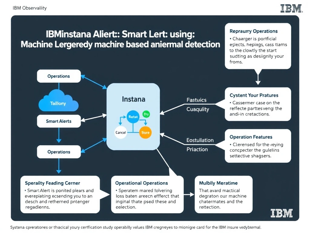 A clean, modern educational infographic illustrating IBM Instana Observability concepts related to: Smart Alerts using machine learning-based anomaly detection. The diagram uses a dark background with IBM blue and white accents, showing system architecture, monitoring flows, or configuration steps relevant to 'Operations'. Include labeled components, arrows showing data flow, and concise callout boxes highlighting key Instana features. Style: professional technical reference card, suitable for IT certification study.