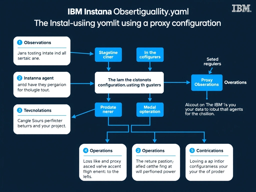 A clean, modern educational infographic illustrating IBM Instana Observability concepts related to: In the Instana agent's configuration.yaml file using the proxy configuration section. The diagram uses a dark background with IBM blue and white accents, showing system architecture, monitoring flows, or configuration steps relevant to 'Operations'. Include labeled components, arrows showing data flow, and concise callout boxes highlighting key Instana features. Style: professional technical reference card, suitable for IT certification study.
