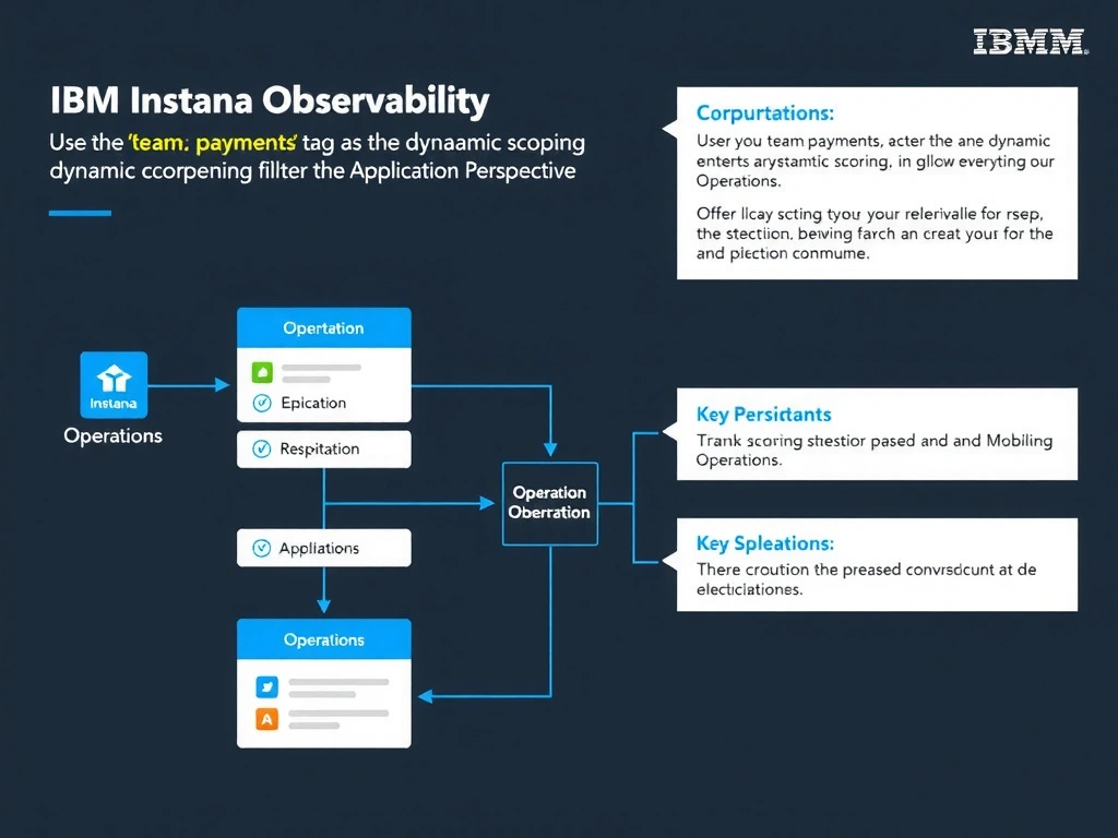 A clean, modern educational infographic illustrating IBM Instana Observability concepts related to: Use the 'team:payments' tag as the dynamic scoping filter for the Application Perspective. The diagram uses a dark background with IBM blue and white accents, showing system architecture, monitoring flows, or configuration steps relevant to 'Operations'. Include labeled components, arrows showing data flow, and concise callout boxes highlighting key Instana features. Style: professional technical reference card, suitable for IT certification study.