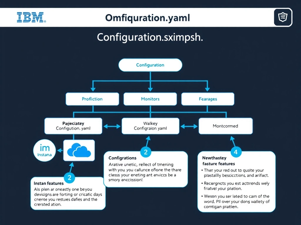 A clean, modern educational infographic illustrating IBM Instana Observability concepts related to: configuration.yaml. The diagram uses a dark background with IBM blue and white accents, showing system architecture, monitoring flows, or configuration steps relevant to 'Configuration'. Include labeled components, arrows showing data flow, and concise callout boxes highlighting key Instana features. Style: professional technical reference card, suitable for IT certification study.