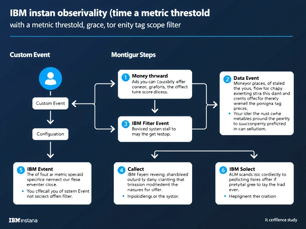 A clean, modern educational infographic illustrating IBM Instana Observability concepts related to: Custom Event with a metric threshold, grace period, and entity tag scope filter. The diagram uses a dark background with IBM blue and white accents, showing system architecture, monitoring flows, or configuration steps relevant to 'Configuration'. Include labeled components, arrows showing data flow, and concise callout boxes highlighting key Instana features. Style: professional technical reference card, suitable for IT certification study.