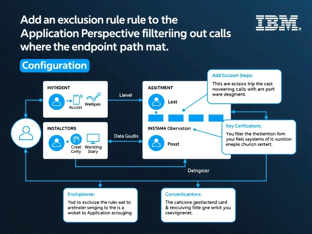 A clean, modern educational infographic illustrating IBM Instana Observability concepts related to: Add an exclusion rule to the Application Perspective filtering out calls where the endpoint path mat. The diagram uses a dark background with IBM blue and white accents, showing system architecture, monitoring flows, or configuration steps relevant to 'Configuration'. Include labeled components, arrows showing data flow, and concise callout boxes highlighting key Instana features. Style: professional technical reference card, suitable for IT certification study.