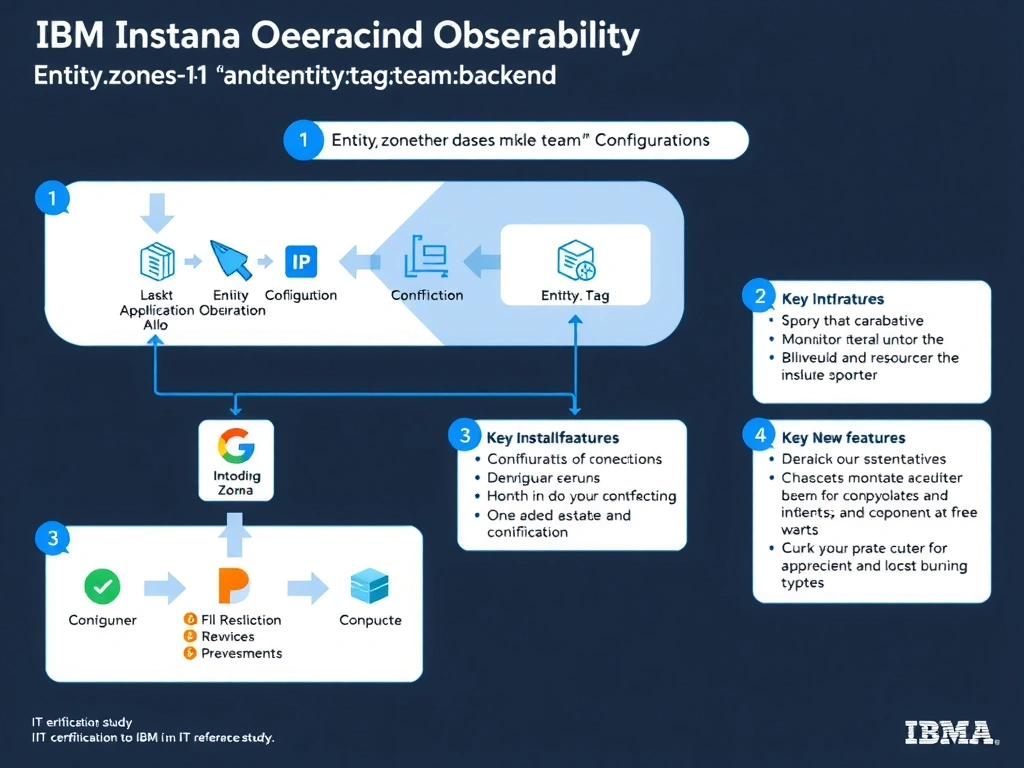 A clean, modern educational infographic illustrating IBM Instana Observability concepts related to: entity.zone:"us-east-1" AND entity.tag:"team:backend". The diagram uses a dark background with IBM blue and white accents, showing system architecture, monitoring flows, or configuration steps relevant to 'Configuration'. Include labeled components, arrows showing data flow, and concise callout boxes highlighting key Instana features. Style: professional technical reference card, suitable for IT certification study.
