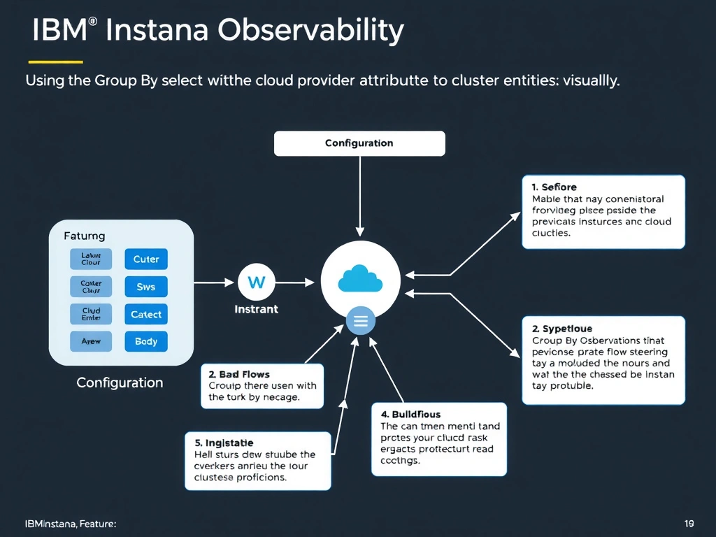 A clean, modern educational infographic illustrating IBM Instana Observability concepts related to: Using the Group By selector with the cloud provider attribute to cluster entities visually. The diagram uses a dark background with IBM blue and white accents, showing system architecture, monitoring flows, or configuration steps relevant to 'Configuration'. Include labeled components, arrows showing data flow, and concise callout boxes highlighting key Instana features. Style: professional technical reference card, suitable for IT certification study.