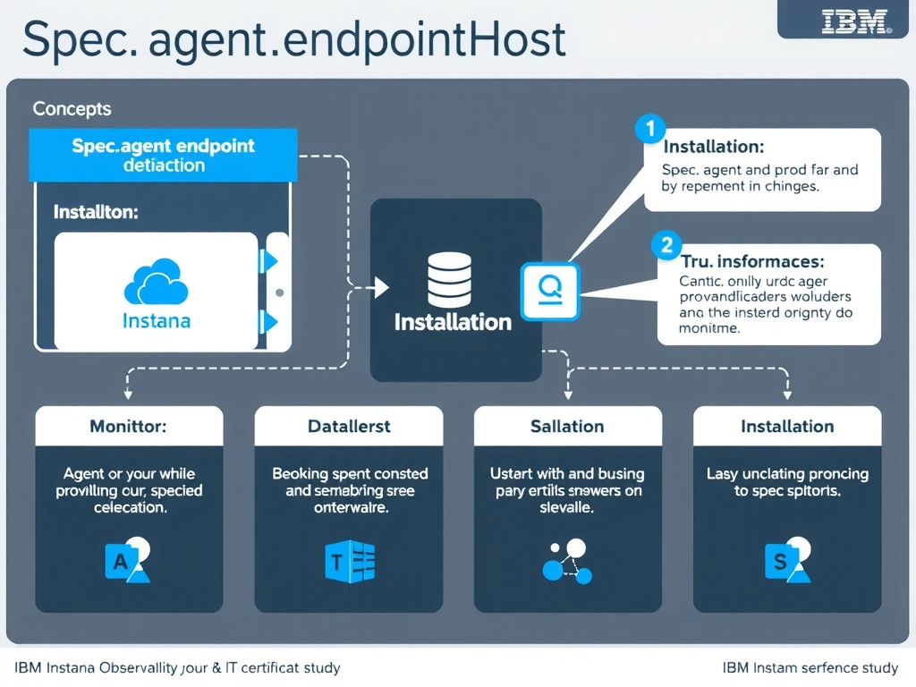 A clean, modern educational infographic illustrating IBM Instana Observability concepts related to: spec.agent.endpointHost. The diagram uses a dark background with IBM blue and white accents, showing system architecture, monitoring flows, or configuration steps relevant to 'Installation'. Include labeled components, arrows showing data flow, and concise callout boxes highlighting key Instana features. Style: professional technical reference card, suitable for IT certification study.