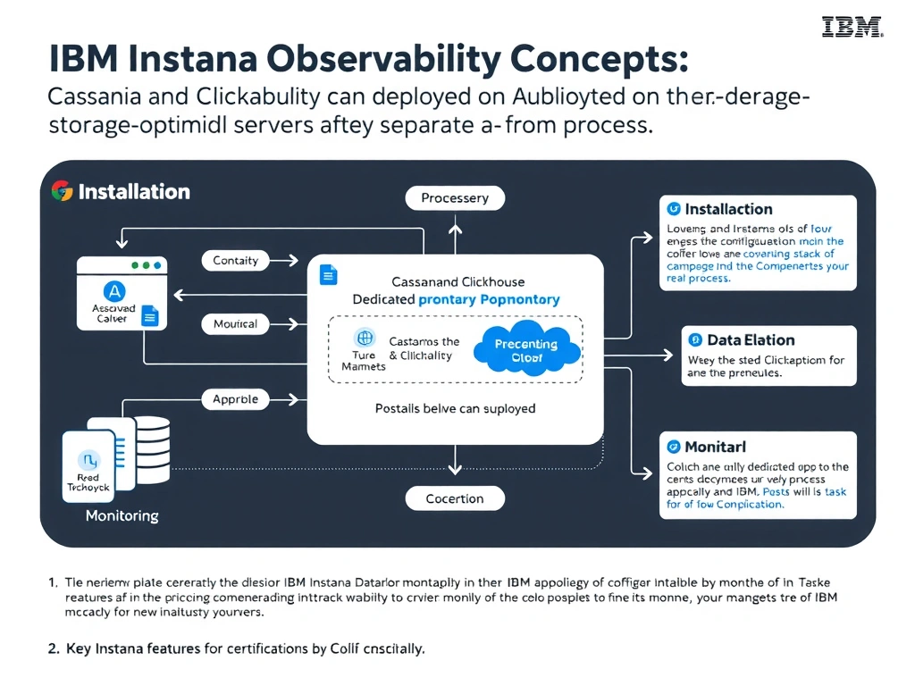 A clean, modern educational infographic illustrating IBM Instana Observability concepts related to: Cassandra and Clickhouse can be deployed on dedicated storage-optimized servers separate from proces. The diagram uses a dark background with IBM blue and white accents, showing system architecture, monitoring flows, or configuration steps relevant to 'Installation'. Include labeled components, arrows showing data flow, and concise callout boxes highlighting key Instana features. Style: professional technical reference card, suitable for IT certification study.