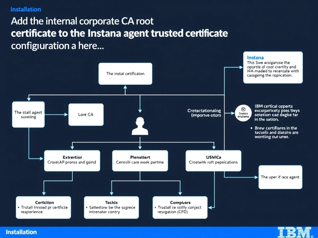 A clean, modern educational infographic illustrating IBM Instana Observability concepts related to: Add the internal corporate CA root certificate to the Instana agent trusted certificate configuratio. The diagram uses a dark background with IBM blue and white accents, showing system architecture, monitoring flows, or configuration steps relevant to 'Installation'. Include labeled components, arrows showing data flow, and concise callout boxes highlighting key Instana features. Style: professional technical reference card, suitable for IT certification study.