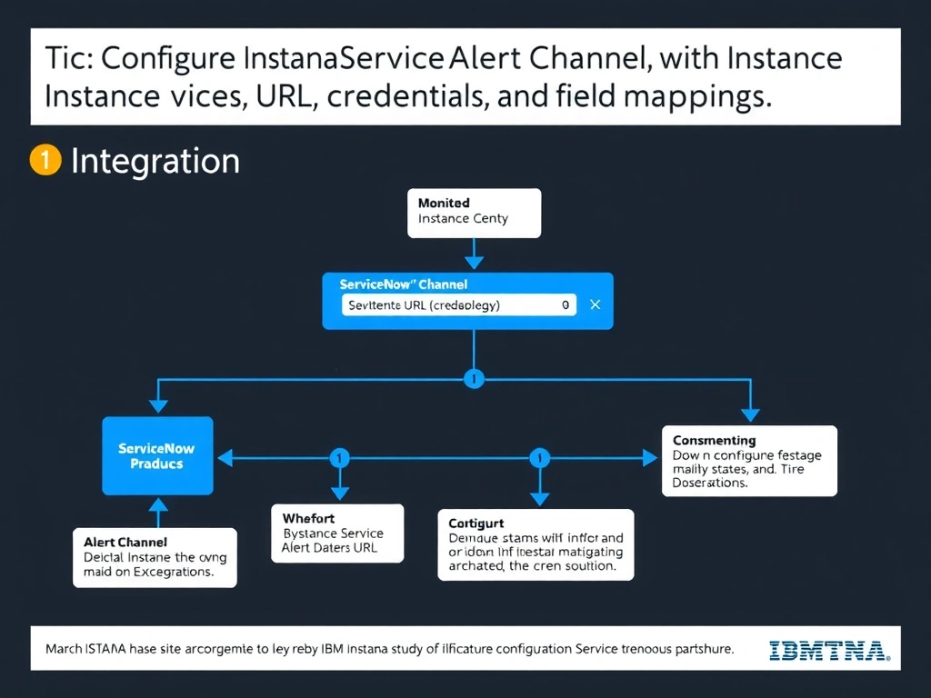 A clean, modern educational infographic illustrating IBM Instana Observability concepts related to: Configure Instana's ServiceNow Alert Channel with the instance URL, credentials, and field mappings . The diagram uses a dark background with IBM blue and white accents, showing system architecture, monitoring flows, or configuration steps relevant to 'Integration'. Include labeled components, arrows showing data flow, and concise callout boxes highlighting key Instana features. Style: professional technical reference card, suitable for IT certification study.