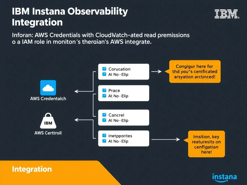 A clean, modern educational infographic illustrating IBM Instana Observability concepts related to: Configure AWS credentials with CloudWatch read permissions or an IAM role in Instana's AWS integrati. The diagram uses a dark background with IBM blue and white accents, showing system architecture, monitoring flows, or configuration steps relevant to 'Integration'. Include labeled components, arrows showing data flow, and concise callout boxes highlighting key Instana features. Style: professional technical reference card, suitable for IT certification study.