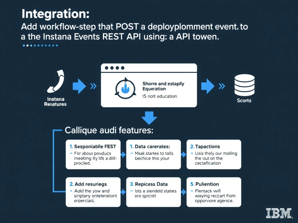 A clean, modern educational infographic illustrating IBM Instana Observability concepts related to: Add a workflow step that POSTs a deployment event to the Instana Events REST API using an API token . The diagram uses a dark background with IBM blue and white accents, showing system architecture, monitoring flows, or configuration steps relevant to 'Integration'. Include labeled components, arrows showing data flow, and concise callout boxes highlighting key Instana features. Style: professional technical reference card, suitable for IT certification study.