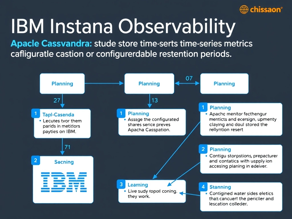 A clean, modern educational infographic illustrating IBM Instana Observability concepts related to: Apache Cassandra, which stores time-series metrics data with configurable retention periods. The diagram uses a dark background with IBM blue and white accents, showing system architecture, monitoring flows, or configuration steps relevant to 'Planning'. Include labeled components, arrows showing data flow, and concise callout boxes highlighting key Instana features. Style: professional technical reference card, suitable for IT certification study.