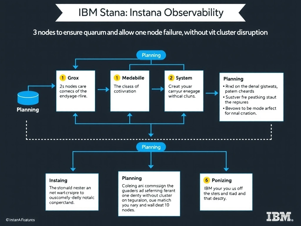 A clean, modern educational infographic illustrating IBM Instana Observability concepts related to: 3 nodes to ensure quorum and allow one node failure without cluster disruption. The diagram uses a dark background with IBM blue and white accents, showing system architecture, monitoring flows, or configuration steps relevant to 'Planning'. Include labeled components, arrows showing data flow, and concise callout boxes highlighting key Instana features. Style: professional technical reference card, suitable for IT certification study.