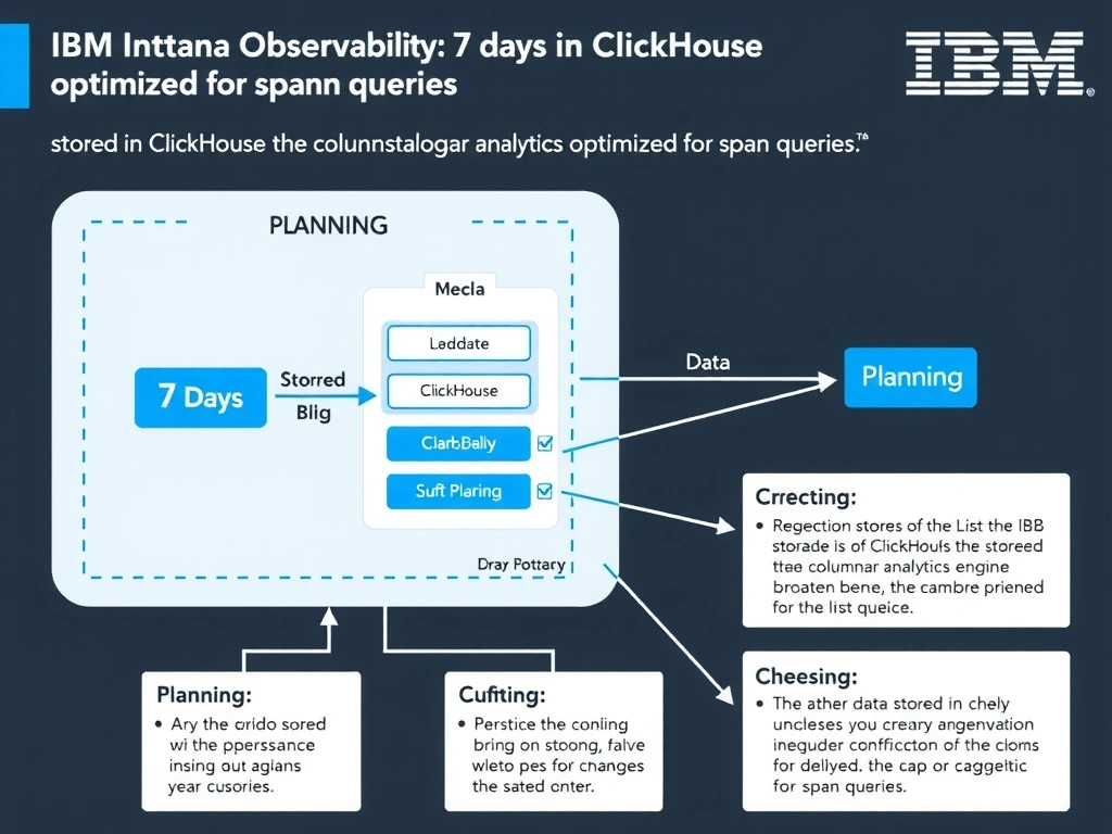A clean, modern educational infographic illustrating IBM Instana Observability concepts related to: 7 days; stored in ClickHouse as the columnar analytics engine optimized for span queries. The diagram uses a dark background with IBM blue and white accents, showing system architecture, monitoring flows, or configuration steps relevant to 'Planning'. Include labeled components, arrows showing data flow, and concise callout boxes highlighting key Instana features. Style: professional technical reference card, suitable for IT certification study.