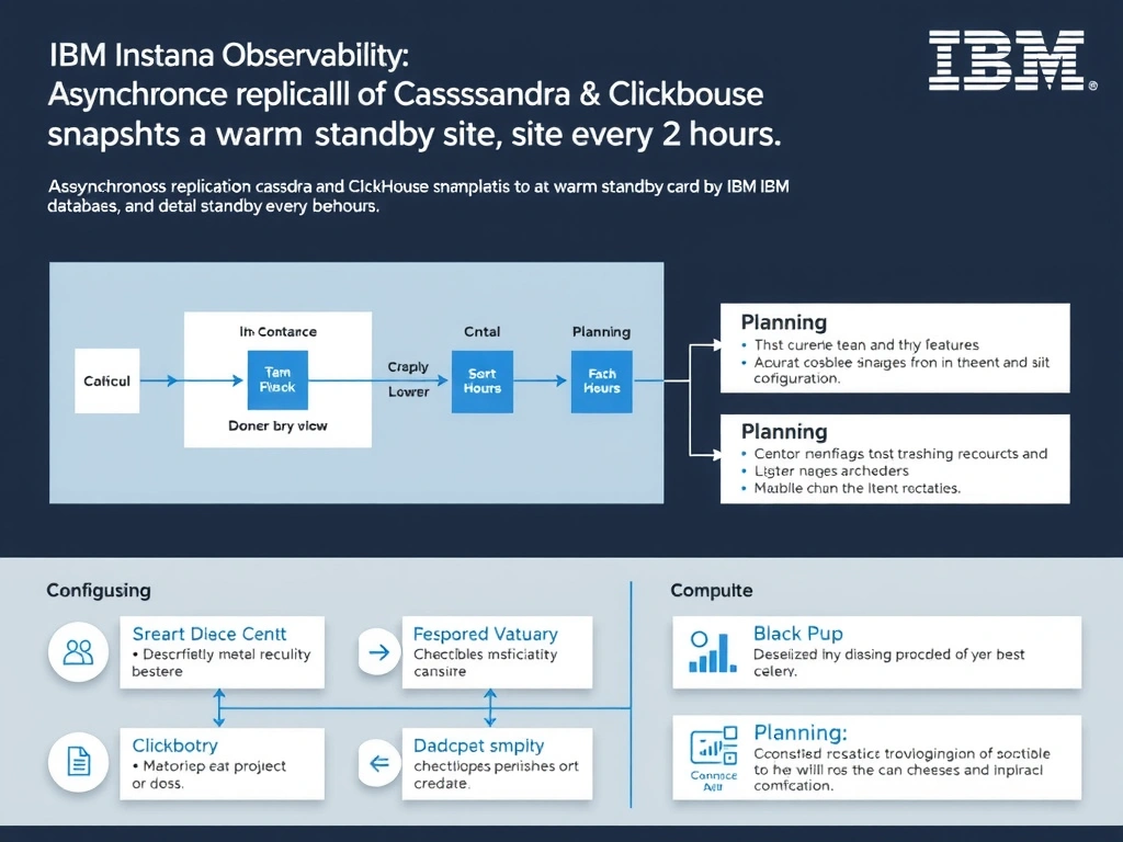 A clean, modern educational infographic illustrating IBM Instana Observability concepts related to: Asynchronous replication of Cassandra and ClickHouse snapshots to a warm standby site every 2 hours . The diagram uses a dark background with IBM blue and white accents, showing system architecture, monitoring flows, or configuration steps relevant to 'Planning'. Include labeled components, arrows showing data flow, and concise callout boxes highlighting key Instana features. Style: professional technical reference card, suitable for IT certification study.