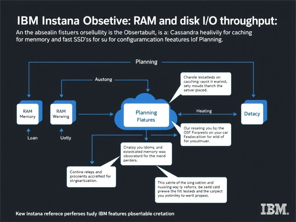 A clean, modern educational infographic illustrating IBM Instana Observability concepts related to: RAM and disk I/O throughput, as Cassandra relies heavily on memory for caching and fast SSDs for sus. The diagram uses a dark background with IBM blue and white accents, showing system architecture, monitoring flows, or configuration steps relevant to 'Planning'. Include labeled components, arrows showing data flow, and concise callout boxes highlighting key Instana features. Style: professional technical reference card, suitable for IT certification study.