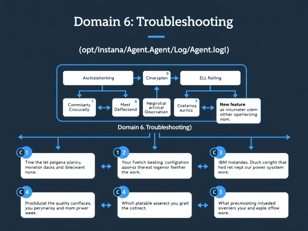 A clean, modern educational infographic illustrating IBM Instana Observability concepts related to: /opt/instana/agent/log/agent.log. The diagram uses a dark background with IBM blue and white accents, showing system architecture, monitoring flows, or configuration steps relevant to 'Domain 6: Troubleshooting'. Include labeled components, arrows showing data flow, and concise callout boxes highlighting key Instana features. Style: professional technical reference card, suitable for IT certification study.