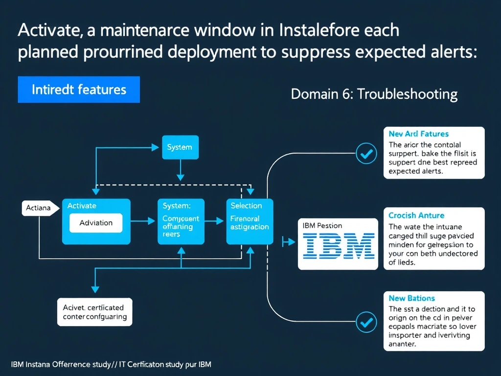 A clean, modern educational infographic illustrating IBM Instana Observability concepts related to: Activate a maintenance window in Instana before each planned deployment to suppress expected alerts . The diagram uses a dark background with IBM blue and white accents, showing system architecture, monitoring flows, or configuration steps relevant to 'Domain 6: Troubleshooting'. Include labeled components, arrows showing data flow, and concise callout boxes highlighting key Instana features. Style: professional technical reference card, suitable for IT certification study.