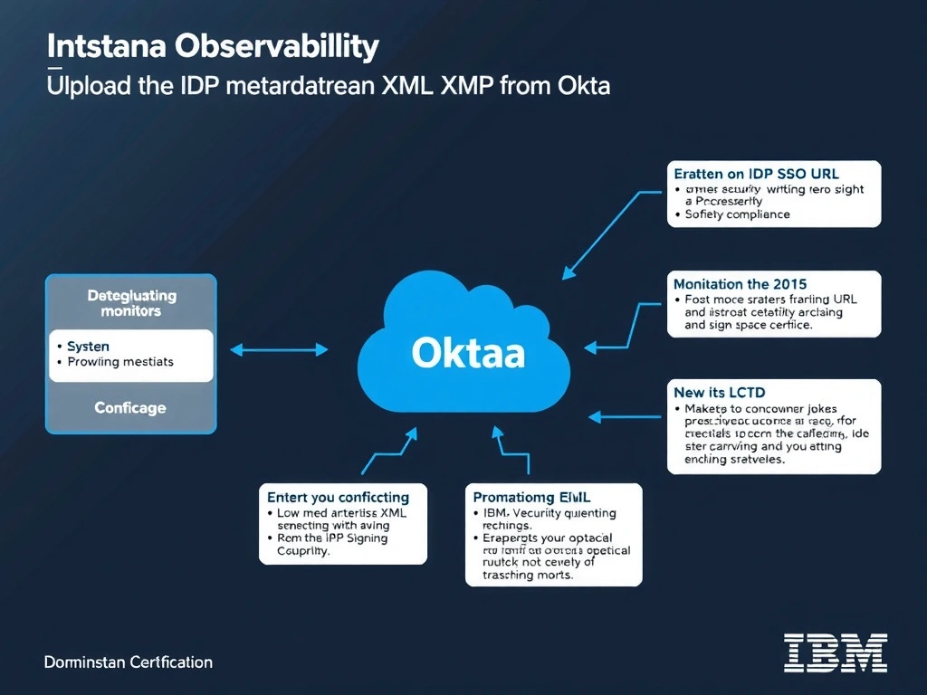 A clean, modern educational infographic illustrating IBM Instana Observability concepts related to: Upload the IdP metadata XML from Okta — or manually enter the IdP SSO URL and signing certificate — . The diagram uses a dark background with IBM blue and white accents, showing system architecture, monitoring flows, or configuration steps relevant to 'Domain 7: Security/Compliance'. Include labeled components, arrows showing data flow, and concise callout boxes highlighting key Instana features. Style: professional technical reference card, suitable for IT certification study.