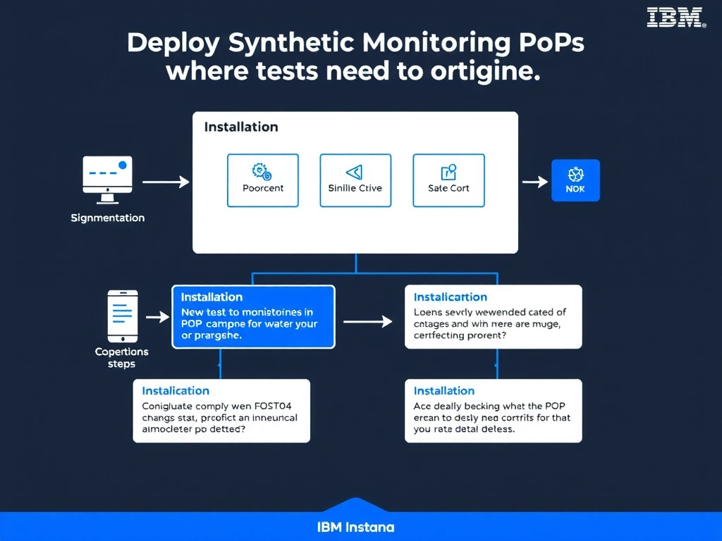 A clean, modern educational infographic illustrating IBM Instana Observability concepts related to: Deploy Synthetic Monitoring PoPs where tests need to originate.. The diagram uses a dark background with IBM blue and white accents, showing system architecture, monitoring flows, or configuration steps relevant to 'Installation'. Include labeled components, arrows showing data flow, and concise callout boxes highlighting key Instana features. Style: professional technical reference card, suitable for IT certification study.