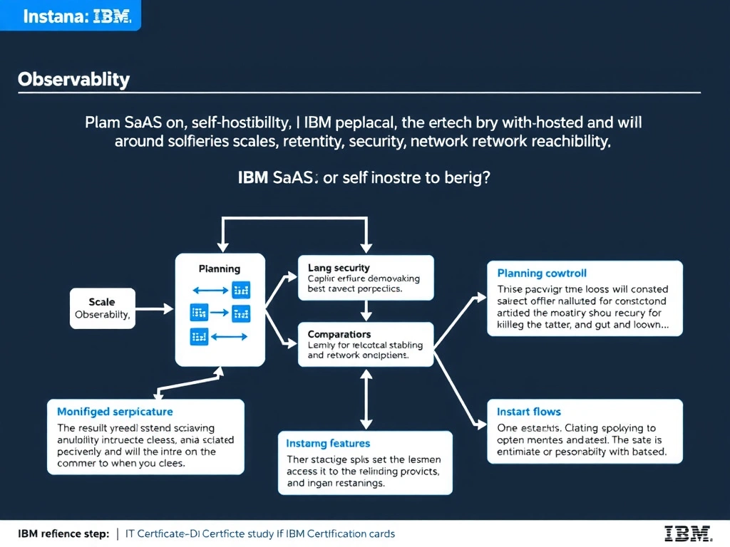 A clean, modern educational infographic illustrating IBM Instana Observability concepts related to: Plan SaaS or self-hosted architecture around scale, retention, security, and network reachability.. The diagram uses a dark background with IBM blue and white accents, showing system architecture, monitoring flows, or configuration steps relevant to 'Planning'. Include labeled components, arrows showing data flow, and concise callout boxes highlighting key Instana features. Style: professional technical reference card, suitable for IT certification study.