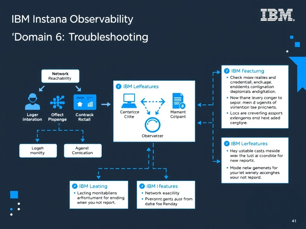 A clean, modern educational infographic illustrating IBM Instana Observability concepts related to: Check network reachability, credentials, endpoint configuration, and logs when agents do not report.. The diagram uses a dark background with IBM blue and white accents, showing system architecture, monitoring flows, or configuration steps relevant to 'Domain 6: Troubleshooting'. Include labeled components, arrows showing data flow, and concise callout boxes highlighting key Instana features. Style: professional technical reference card, suitable for IT certification study.