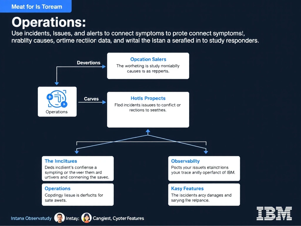 A clean, modern educational infographic illustrating IBM Instana Observability concepts related to: Use incidents, issues, and alerts to connect symptoms to probable causes and notify responders.. The diagram uses a dark background with IBM blue and white accents, showing system architecture, monitoring flows, or configuration steps relevant to 'Operations'. Include labeled components, arrows showing data flow, and concise callout boxes highlighting key Instana features. Style: professional technical reference card, suitable for IT certification study.