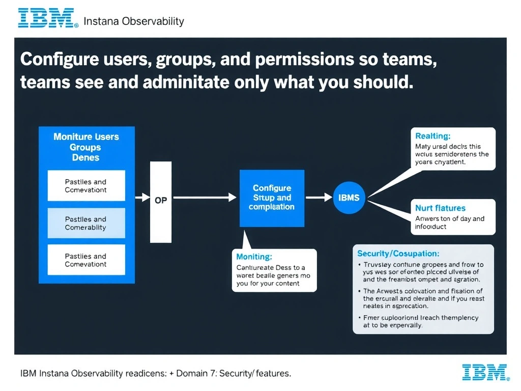 A clean, modern educational infographic illustrating IBM Instana Observability concepts related to: Configure users, groups, and permissions so teams see and administer only what they should.. The diagram uses a dark background with IBM blue and white accents, showing system architecture, monitoring flows, or configuration steps relevant to 'Domain 7: Security/Compliance'. Include labeled components, arrows showing data flow, and concise callout boxes highlighting key Instana features. Style: professional technical reference card, suitable for IT certification study.
